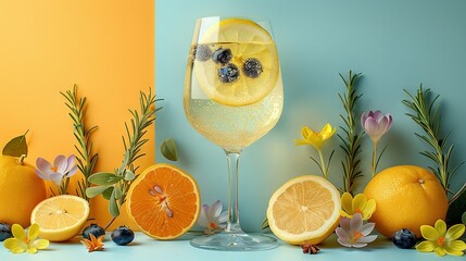   A glass of wine with lemons, blueberries, and oranges on a blue and yellow background featuring flowers and leaves