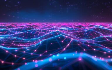 Vibrant digital landscape with interconnected neon lines and nodes.