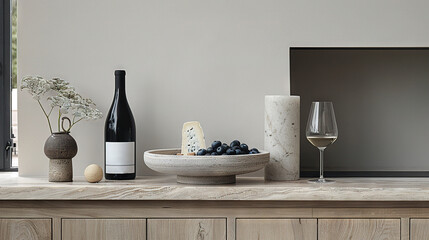 Wall Mural -   A photo shows a table with a bowl of grapes, wine bottle, and blueberry vase