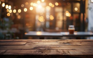 Wall Mural - Wooden tabletop with a blurred background of a cozy, warmly lit cafe.