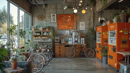 Wall Mural - A high-tech office where employees are using bikes and recycling stations are prominently placed