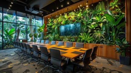 Wall Mural - A corporate conference room with walls displaying digital art of forests and oceans