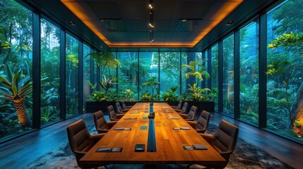Wall Mural - A corporate conference room with walls displaying digital art of forests and oceans