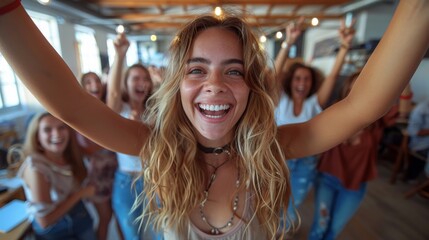 A joyful woman with blond hair captures a selfie moment with her friends smiling in the background