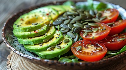   A bowl of sliced avocado, tomatoes, and sunflower seeds on a wooden table with a spoon