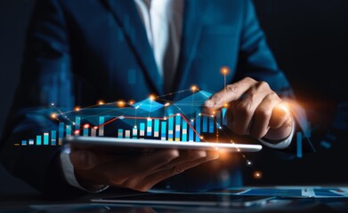Poster - Businessman using a tablet with data analytics and growth graph display