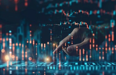 Poster - Businessman analyzing financial data on futuristic digital screen with touch interface