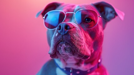 Wall Mural -    a dog wearing sunglasses against a vibrant pink and blue backdrop