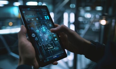 Poster - Businessman using digital tablet with futuristic interface in modern office
