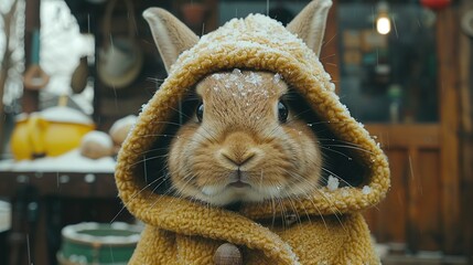 Wall Mural -   A close-up of a snow-covered rabbit wearing a hat, wrapped in a blanket