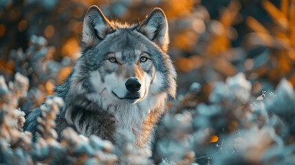 Wall Mural -   A wolf gazes into the frame against a backdrop of blue and yellow blades swaying gently with towering trees