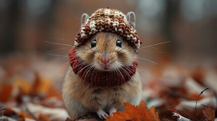 Wall Mural -   Small rodent with knitted hat & scarf atop pile of leaves in forest