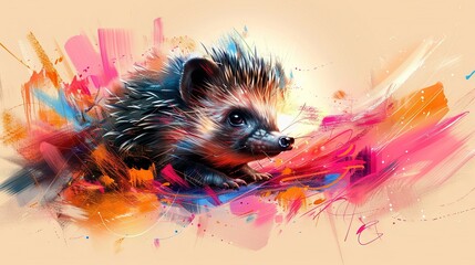 Wall Mural -   A painting of a baby hedgehog on a splattered paint canvas