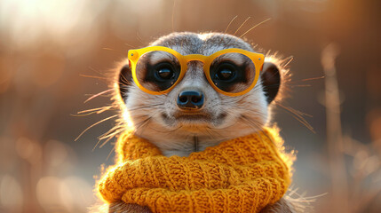 Wall Mural -   A high-resolution image showing a meerkat wearing yellow goggles and a cozy sweater with a scarf wrapped tightly around its neck