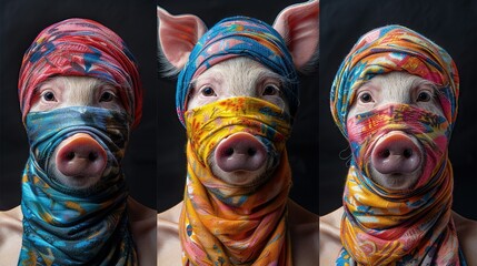 Wall Mural -   A trio of pigs, adorned in vibrant scarves, concealed their faces beneath another scarf atop their heads