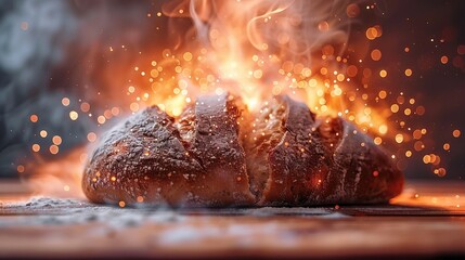 Wall Mural -   A close-up image of a loaf of bread sitting on a table, surrounded by flames emanating from its top