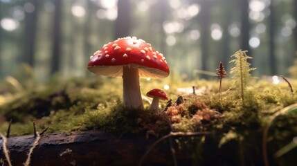 Sticker - a serene forest with mist filtering through the tall trees and striking red mushrooms with white spots growing amidst the moss