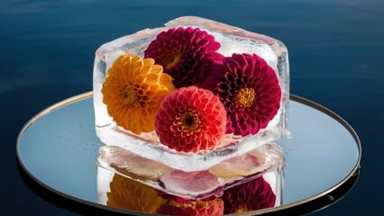 Wall Mural - Iced Floral Art Colorful Dahlia Flowers Encased in Ice on Mirror