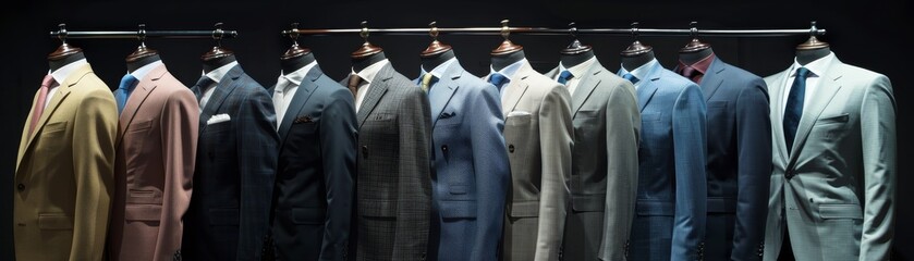 Row of elegant men's suits in various colors displayed on mannequins, showcasing formal business attire in a stylish arrangement.