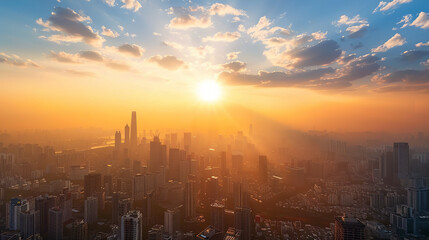 Canvas Print - Cityscape Bathed in Warm Golden Hour Sunlight  