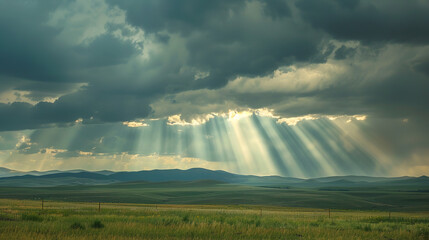 Wall Mural - Dramatic Sunbeams Piercing Through Storm Clouds Over Rural Landscape  