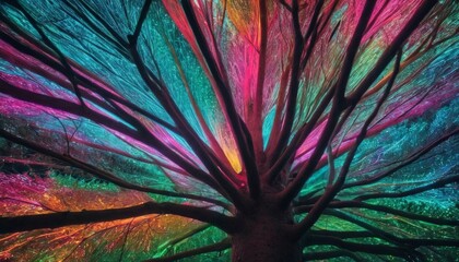 Wall Mural - A mesmerizing abstract image featuring tree branches illuminated with vibrant, multicolored lights, creating a stunning visual display reminiscent of a fantasy forest.