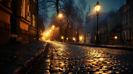 Poster - Old City Street at Night Illuminated by Vintage Lampposts  