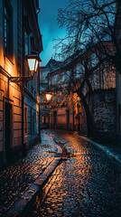 Wall Mural - Old City Street at Night Illuminated by Vintage Lampposts  