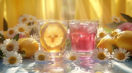 Wall Mural -   A close-up of two glasses of water with lemon slices and daisies on a table adorned with daisies
