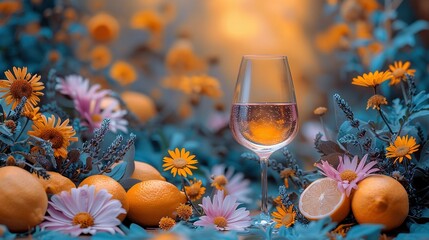 Wall Mural -   A glass of wine sits atop a table, surrounded by juicy oranges and vibrant wildflowers