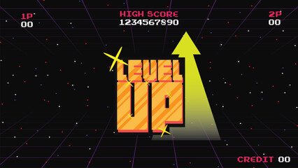 Aufkleber - LEVEL UP INSERT A COIN TO CONTINUE .pixel art .8 bit game.retro game. for game assets in vector illustrations.	