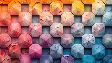 Wall Mural -   A rainbow-colored pattern of hexagonal shapes in various hues of pink, blue, yellow, and orange