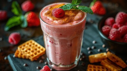 Wall Mural -   A smoothie with raspberries in a glass beside waffles and fresh raspberries on a black plate