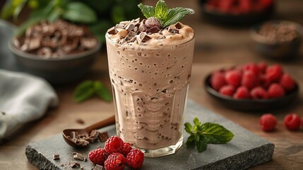 Wall Mural -   A glass of chocolate milkshake with raspberries and mint on a slate board beside a bowl of raspberries