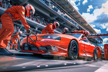 precision teamwork skilled pit crew in dynamic action at highspeed car race pitstop 3d illustration