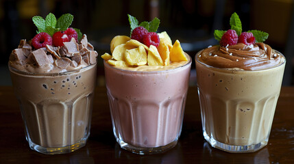 Wall Mural -   Three chocolate milkshakes with raspberries and chocolate chips on top of cups sit on a table