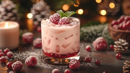Wall Mural -   Raspberry-topped dessert in glass with candle background