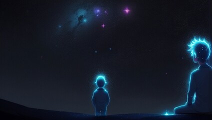 two people standing in the dark looking at stars in the sky with bright blue lights on them