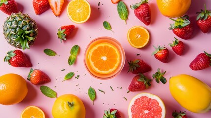 Wall Mural - a pink background with oranges, strawberries and lemons on it
