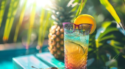 Poster - a glass of lemonade next to a pineapple and a pool