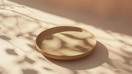 Poster - Minimalist Wooden Tray with Leaf Shadows in Soft Sunlight