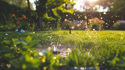 Wall Mural - a sprinkle of water is coming from a lawn in the sun light