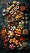 © peeradol - An overhead layout of various Japanese snacks and candies spread out on a dark textured surface, creating a tapestry of flavors and colors