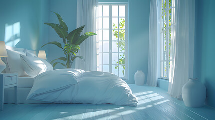 Poster - Mock up blue wall bedroom interior 