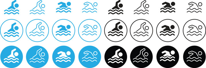 Poster - Set of black and blue Swimmer icons. Swim icons page symbols for your web site designs. Concept of swimming pool, summer competition and more in flat styles editable stock on transparent background.