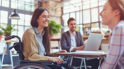 A woman in a wheelchair is smiling at a man and another woman. The man is sitting at a table with a laptop, and the woman in the wheelchair is sitting next to him