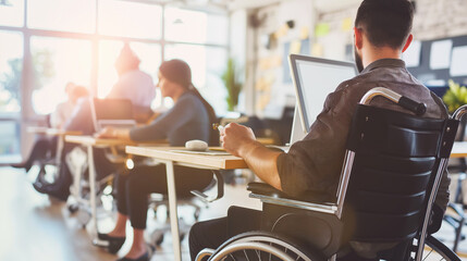 A man in a wheelchair is sitting at a desk with a laptop. He is surrounded by other people who are also working on their laptops. Concept of productivity and collaboration in a shared workspace