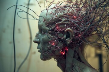 Poster - Artistic representation of a cyborg head with illuminated wires and a thoughtful expression