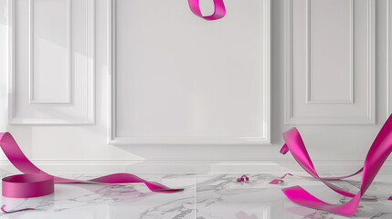 Wall Mural - Ultra HD 3D rendered mockup of an empty room with a white frame, fuchsia ribbons, and a marble floor.