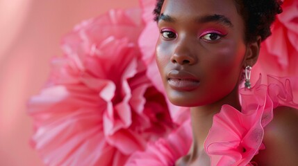 Wall Mural - Close up view of a beautiful african woman wearing a pink dress, with accessories, on a modern pink background